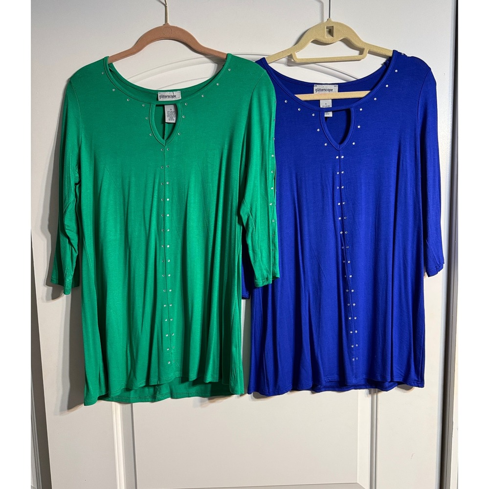 Glitterscape Tunic Tops Women S Green Blue Excellent Rhinestone Split Sleeve 2pk